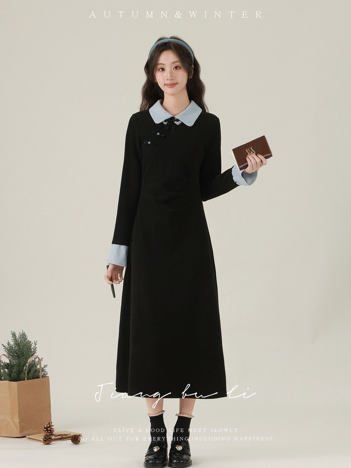 

ALXNAN Women's Dress Black Long Office Lady Dresses 2025 Autumn New Chinese Style Lapel Block Color Female Clothing DYL661580