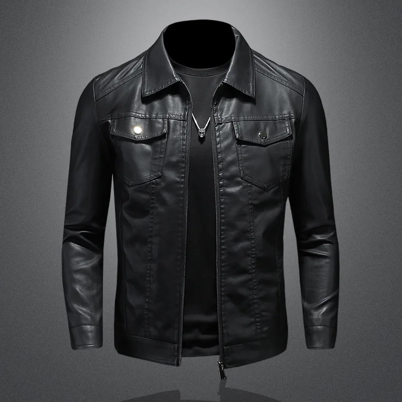 Veste de moto en cuir pour hommes, grande taille, poche noire, fermeture éclair, revers coréen, coupe cintrée, manteau en cuir PU de haute qualité pour hommes