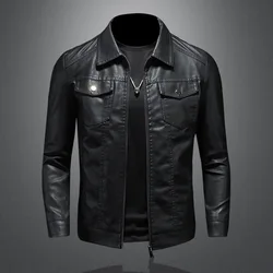 Men's Motorcycle Leather Jacket Large Size Pocket Black Zipper Lapel Korean Slim Fit Male High Quality PU Leather Coat for Men