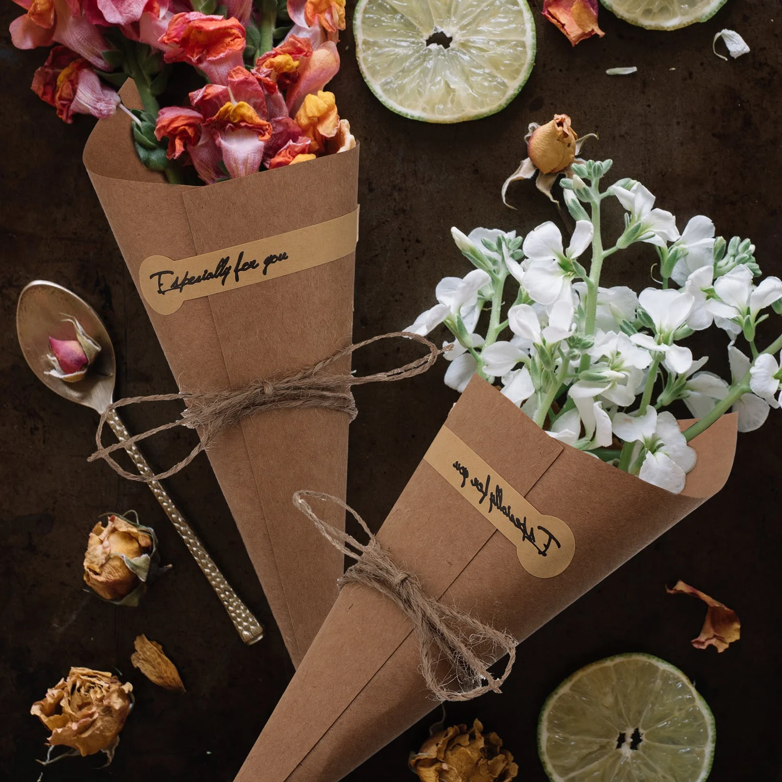 

50pcs Paper Flower Cones Food Wrapping Ice Cream Kraft Party Cake Wrappers For Wedding Outdoor Events Hemp Rope Included