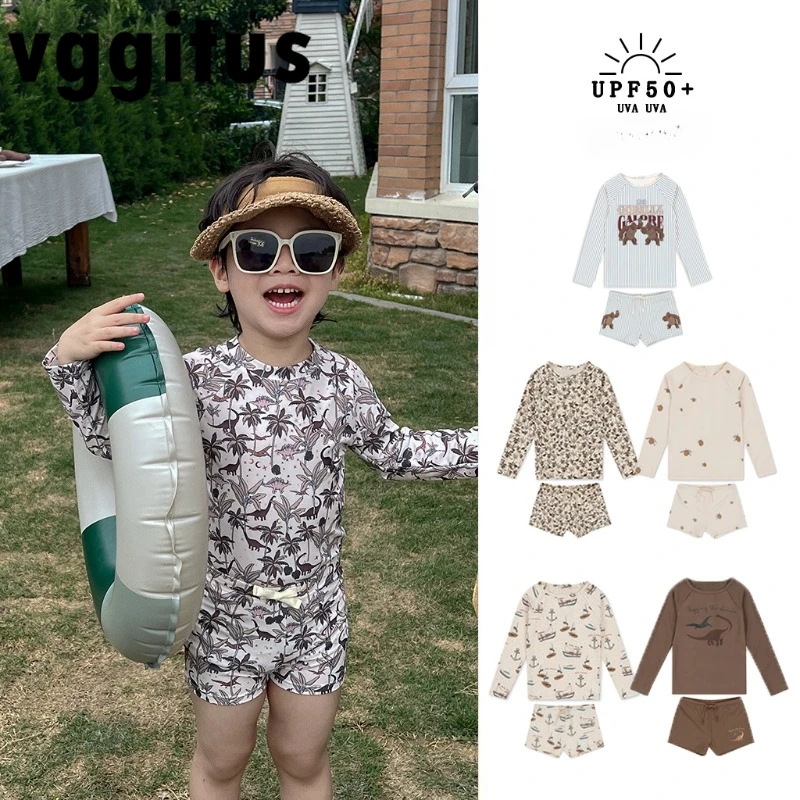 New Summer Kids Boys Swimwear Long Sleeved Sunscreen Split Swimsuit Children\'s Quick Drying Baby Beach Swimming Clothing H8135