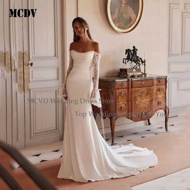

Customized Elegant Mermaid Wedding Dress 2026 Lace Long Sleeves Off Shoulder Vintage Bridal Gown for Women MCDV