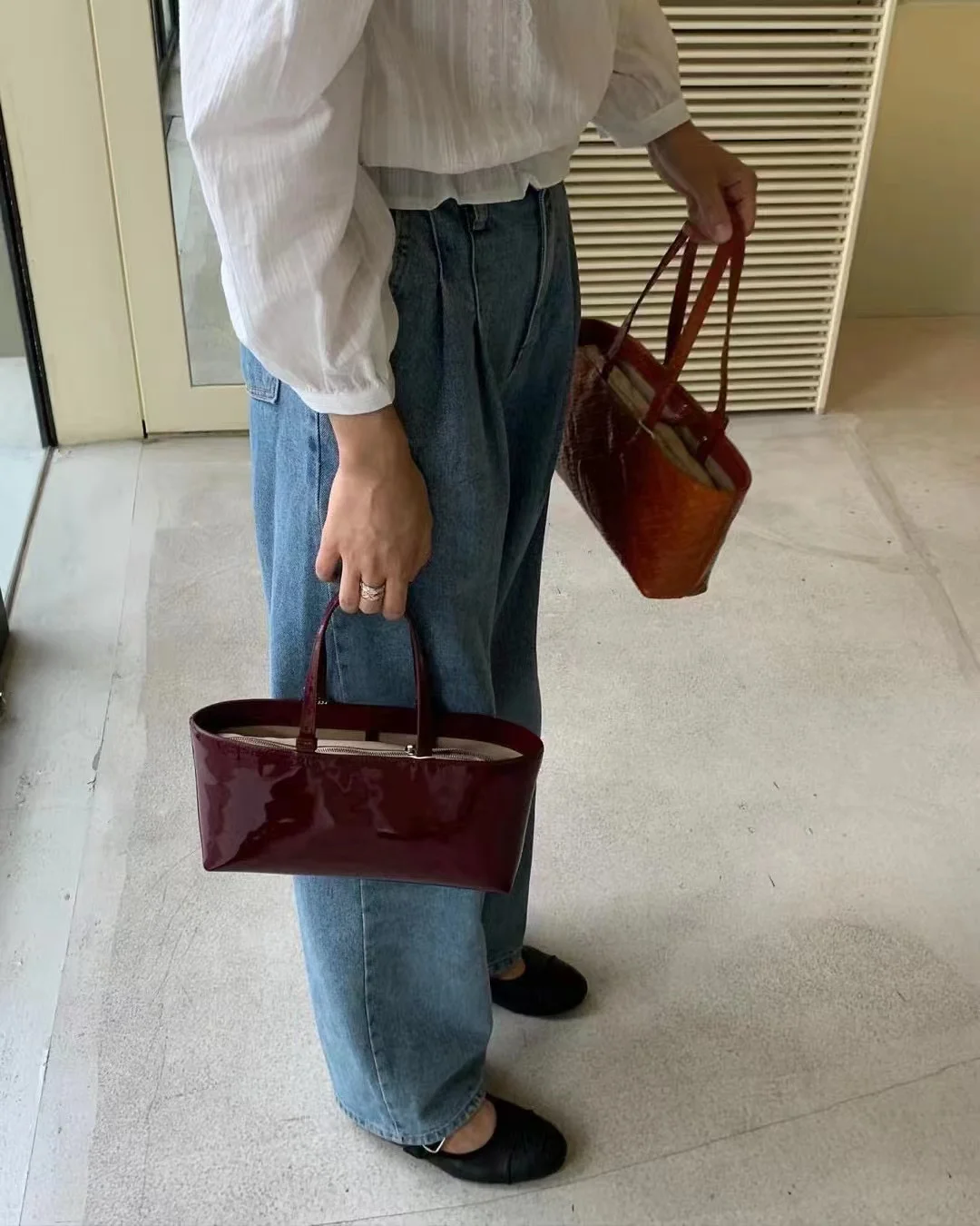 FIRMRANCH Simple Horizontal Square Design Luxurious Bright Patent Cowhide Leather Wine Red Women\'s Handbag Shoulder Underarm Bag