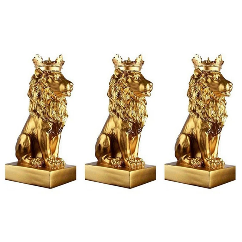 

3X Abstract Crown Lion Statue Home Office Bar Male Lion Faith Resin Sculpture Crafts Animal Art Decor Ornaments - Gold