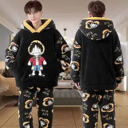 Autumn and winter plush pajamas for men thickened coral velvet warm men's home clothes cartoon One Piece Luffy suit wholesale