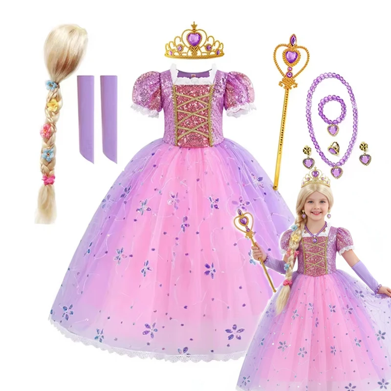 Vestido de Princesa Rapunzel para Niñas, Morado, con Mangas Abullonadas, Lentejuelas, Disfraz de Princesa para Halloween, Disfraz de Princesa con Cabello Largo, Vestidos para Fiestas de Cumpleaños