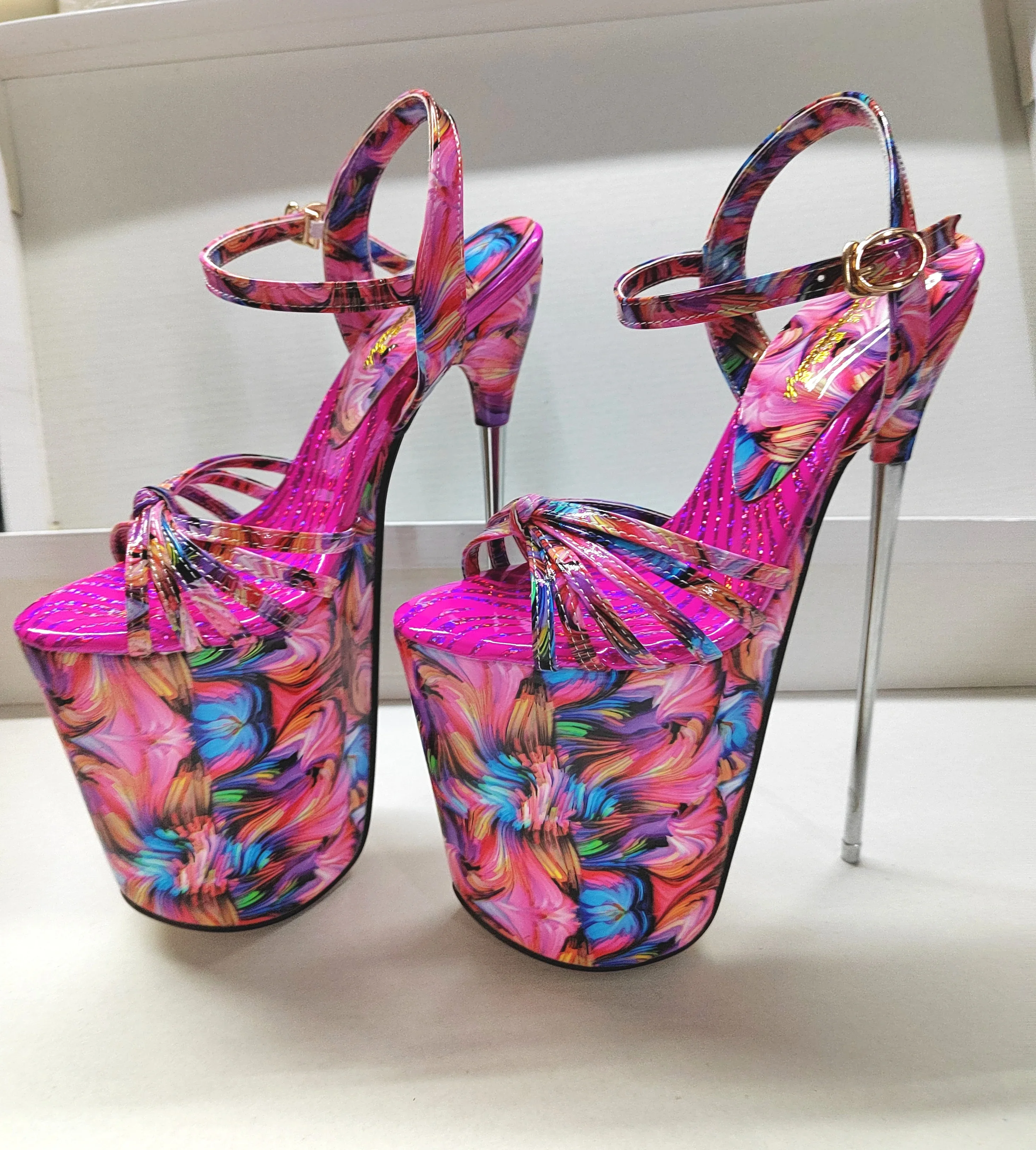Summer 19cm Metal Thin High Heels Sandals Female Platform Women\'s Shoes Narrow Band Steel Pipe Dance Buckle SM Stripper Pumps