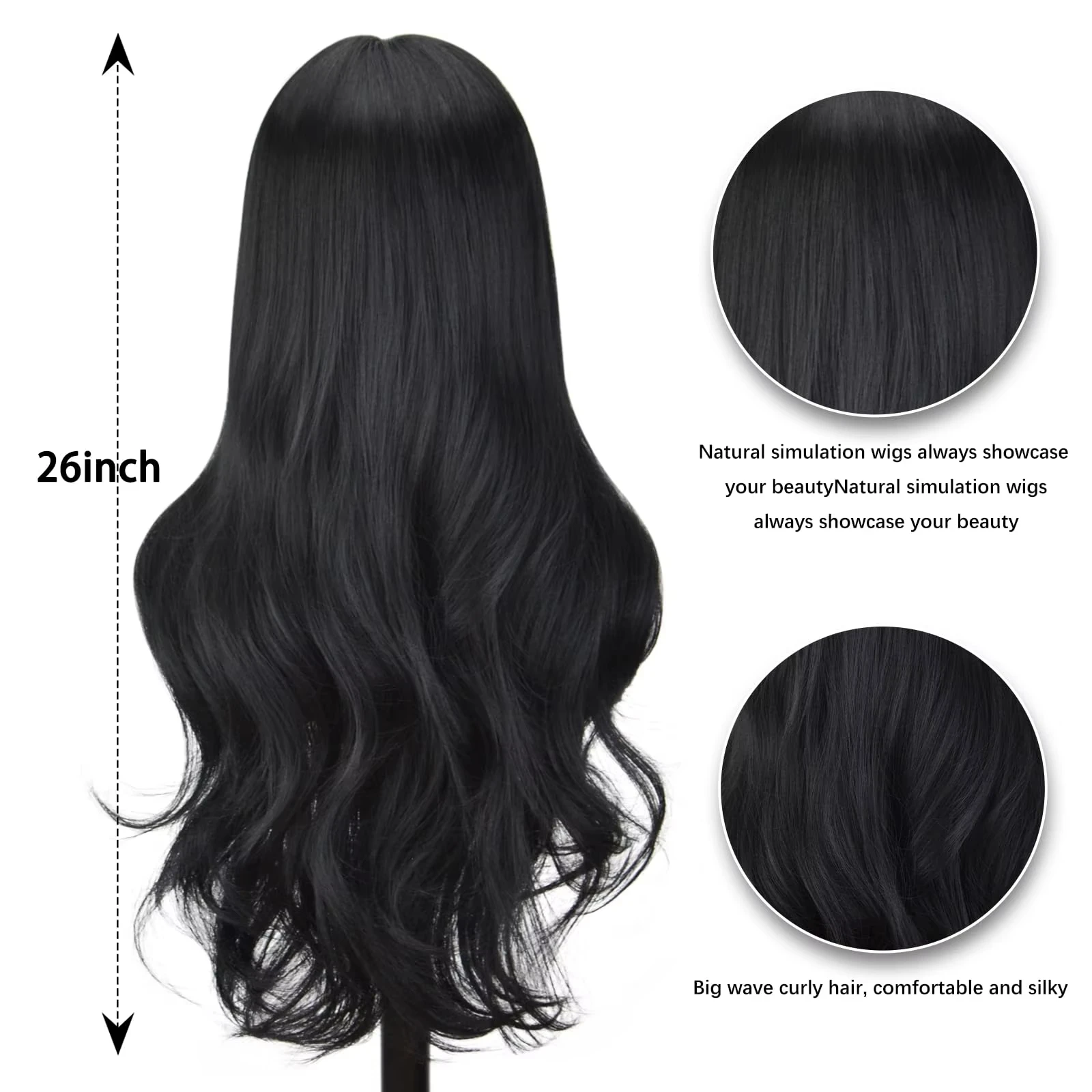 Black synthetic wig with big waves for party, Halloween cosplay, everyday use, high-temperature hair accessory