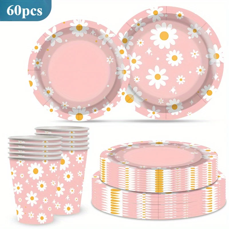 60 Piezas Vajilla Desechable Margarita Rosa Elegante Platos De Papel Vasos Florales Set Para Fiestas De Primavera Jardín Decoración De Cumpleaños Niñas Baby Shower Bodas Suministros De Mesa Alta Calidad