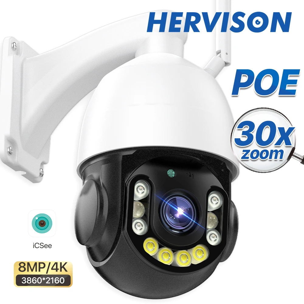 Outdoor 4K POE WIFI IP Camera IR 100m 30X Optical Zoom PTZ Camera Metal Shell Waterproof 2-Way Audio CCTV Surveillance iCSee