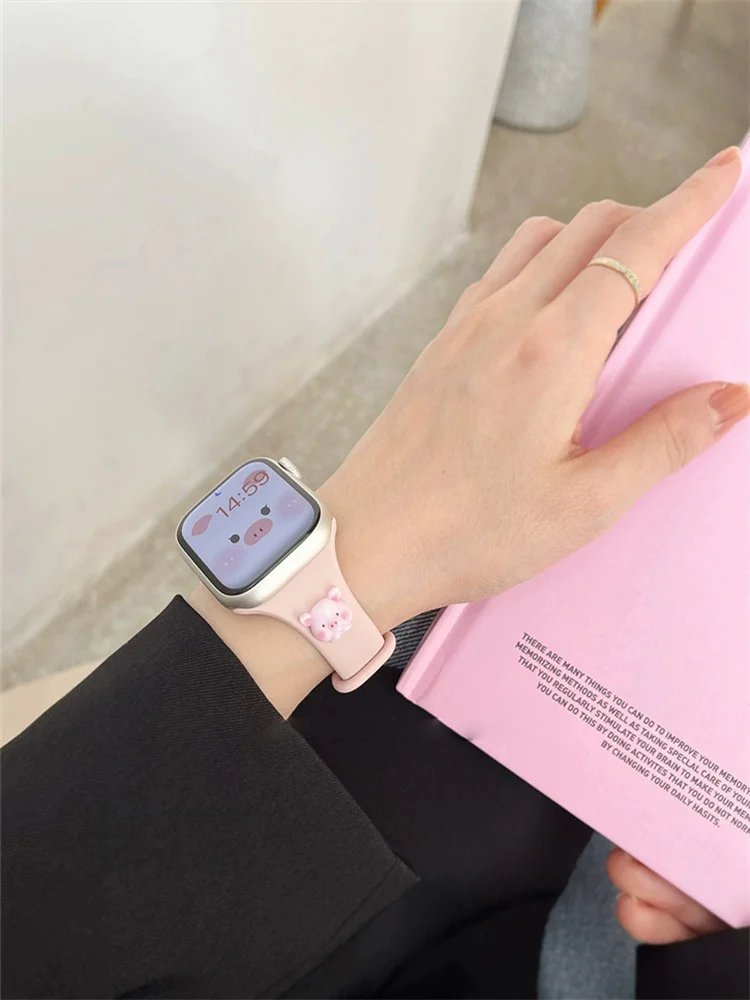 Cartoon Cute Pink Pig Band For Apple Watch 49mm 38 40mm 41mm Slim Soft Silicone Sport Strap For iWatch Series Ultra 2 9 8 7 SE 6