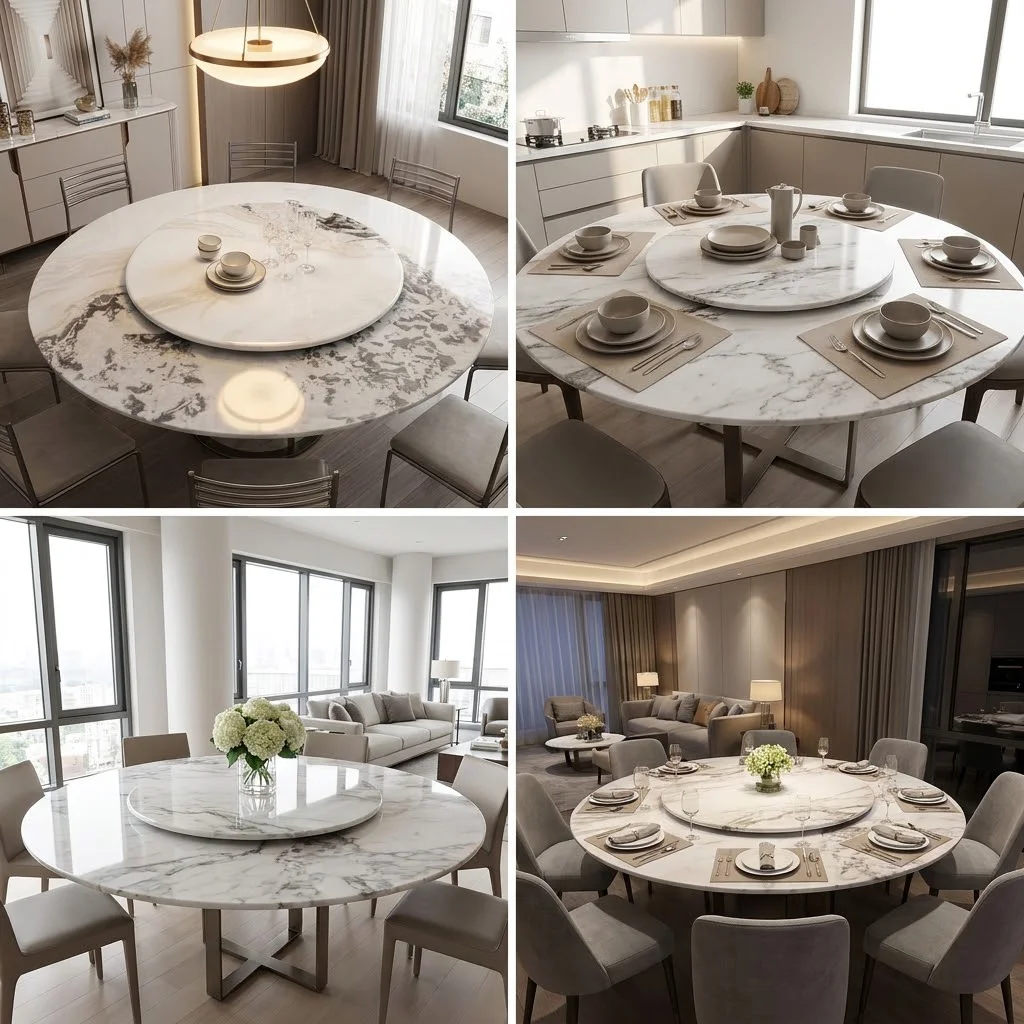 Modern Round Natural Marble Dining Table With Lazy Susan Turntable Luxury Stone Dining Room Furniture Set For Villa Apartments