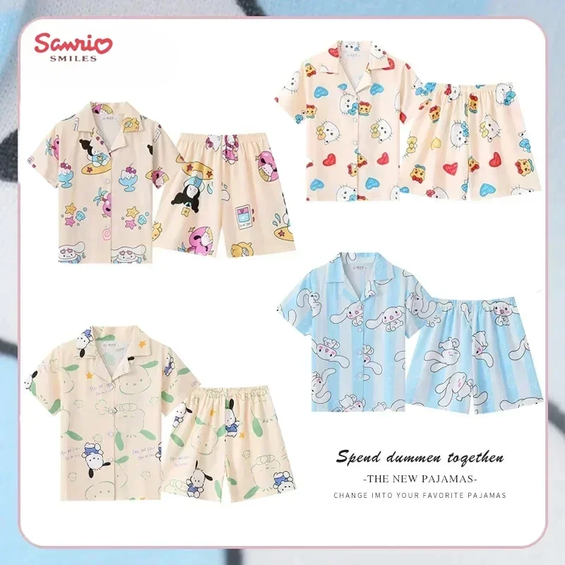 Sanrio Cinnamoroll Kuromi Pochacco Children's Pajamas Set 2024 Summer Cartoon Anime Short Sleeve Sleepwear Cute Boy Girl Gifts