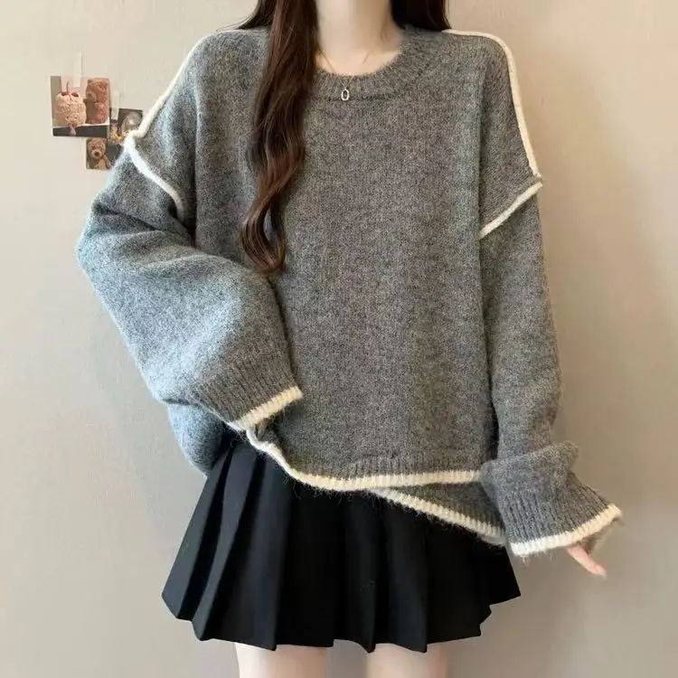 Loose Oversized Color Block Grey Long Sleeve Knitwear plus Size Women's Autumn Winter New Style Meat Concealing Top