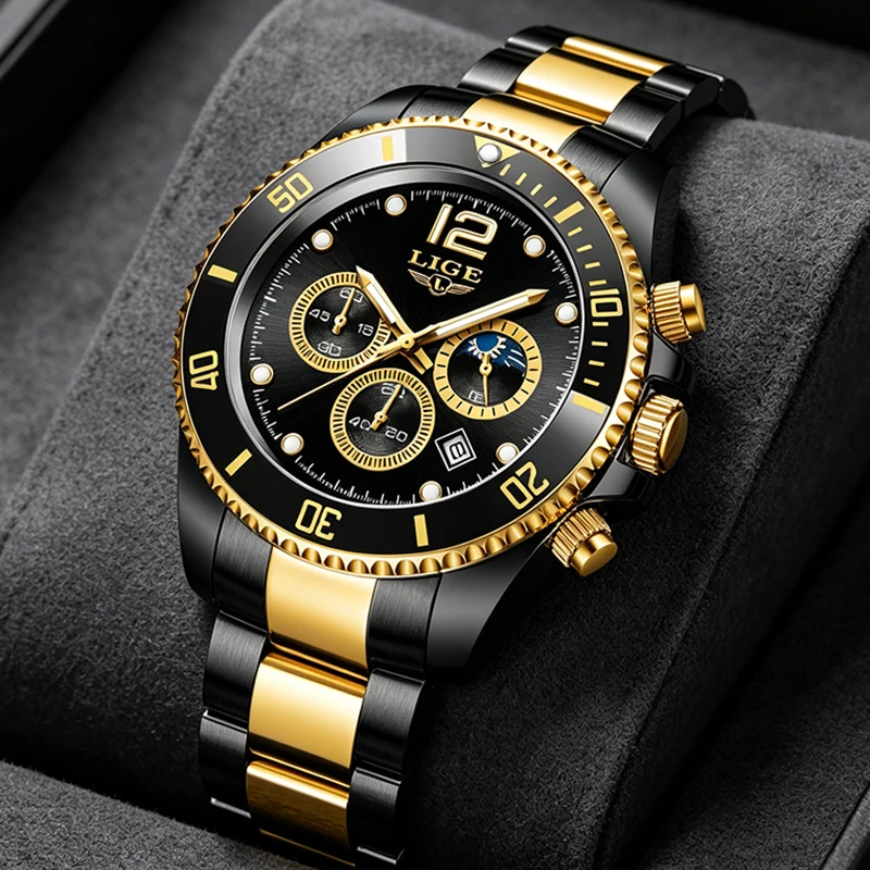 

LIGE Diver Watch Men Fashion Sports Chronograph Black Gold Big Dial Watch Men Waterproof Luminous Men's Quartz Wristwatches