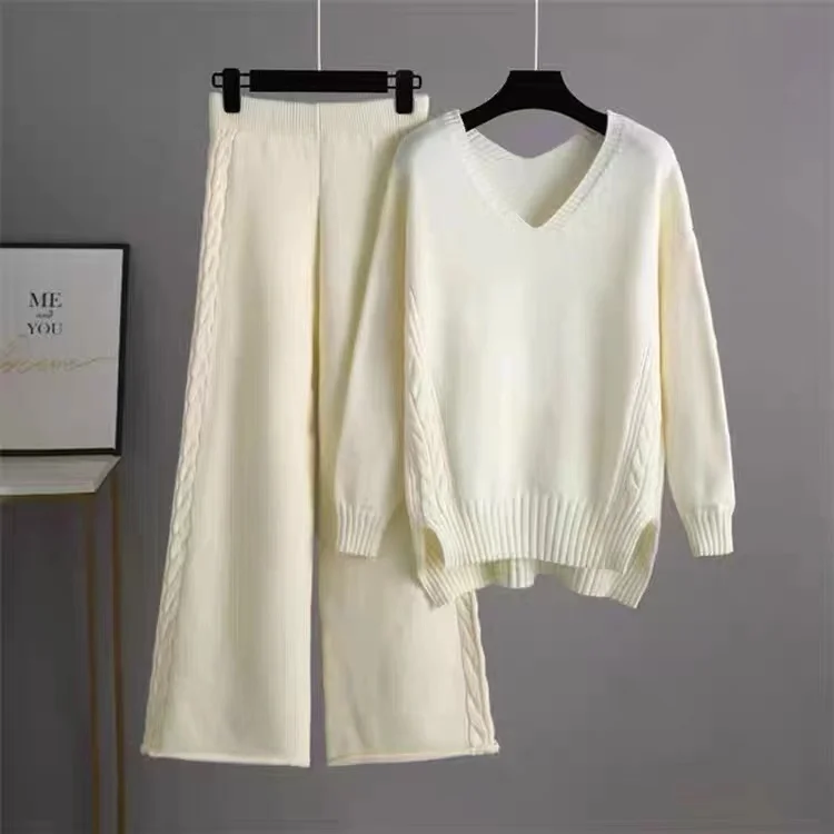 TRAF Lazy Loose Pullover Sweater Set Women New Autumn and Winter Simple Wide-leg Pants + Knitted V-neck Sweater Two Piece Set