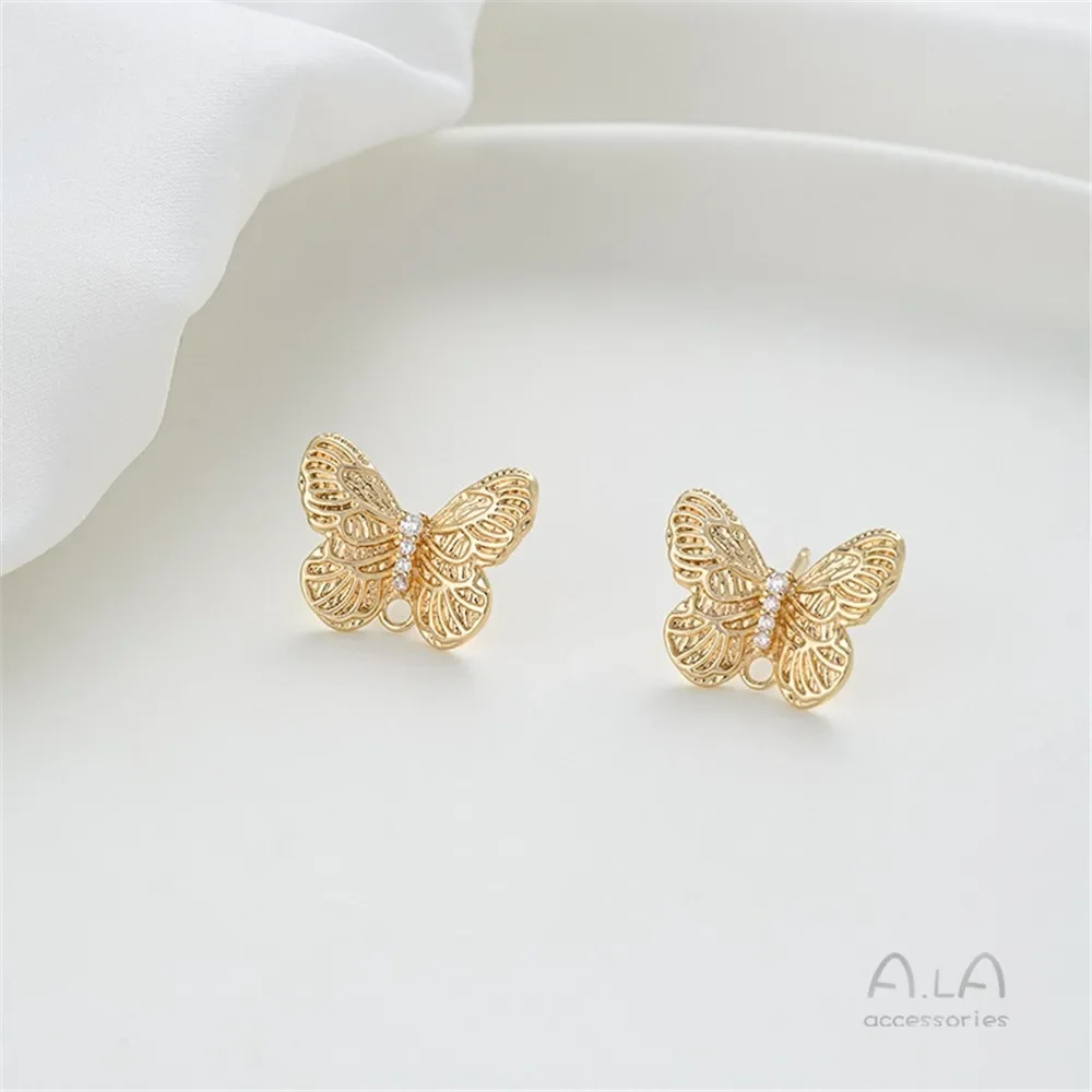 

14K Gold-plating Inlaid Zircon Butterfly with Hanging Rings Earrings 925 Silver Needle DIY Earrings Jewelry Accessories Material