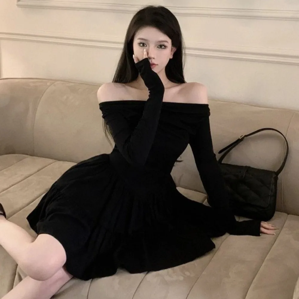 

Spicy Girl Long Sleeved Slim Short Skirt Korean Fashion Lightweight One Collar Dress Leisure Slim Fit A-line Short Skirt Party