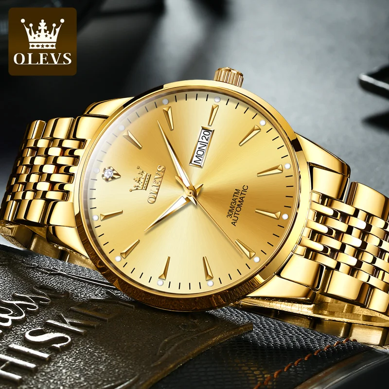 OLEVS Automatic Watch for Men Golden Luxury Waterproof Luminous Calendar Stainless Steel Elegant Watch Reloj hombres