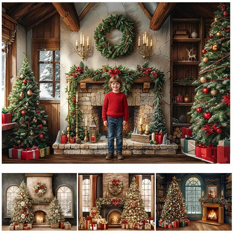

LS Winter Christmas Fireplace Background Photography Xmas Tree Gift Candle Light Backdrop Decor Winter Kids Photobooth Studio