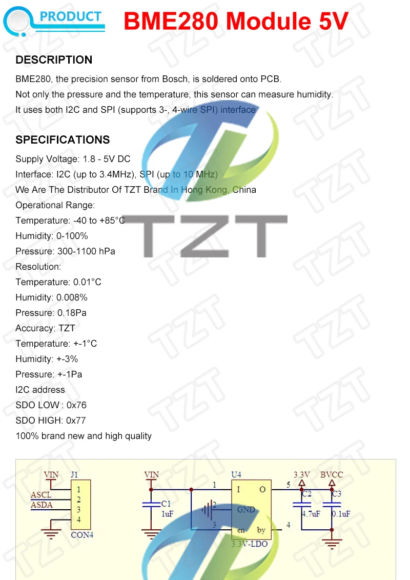 TZT BME280 3,3V 5V Digitale Sensoren Temperatur-Feuchtigkeits-Barometerdruck-Sensormodul I2C SPI 1,8-5V BME280 Sensormodul – Detail 2
