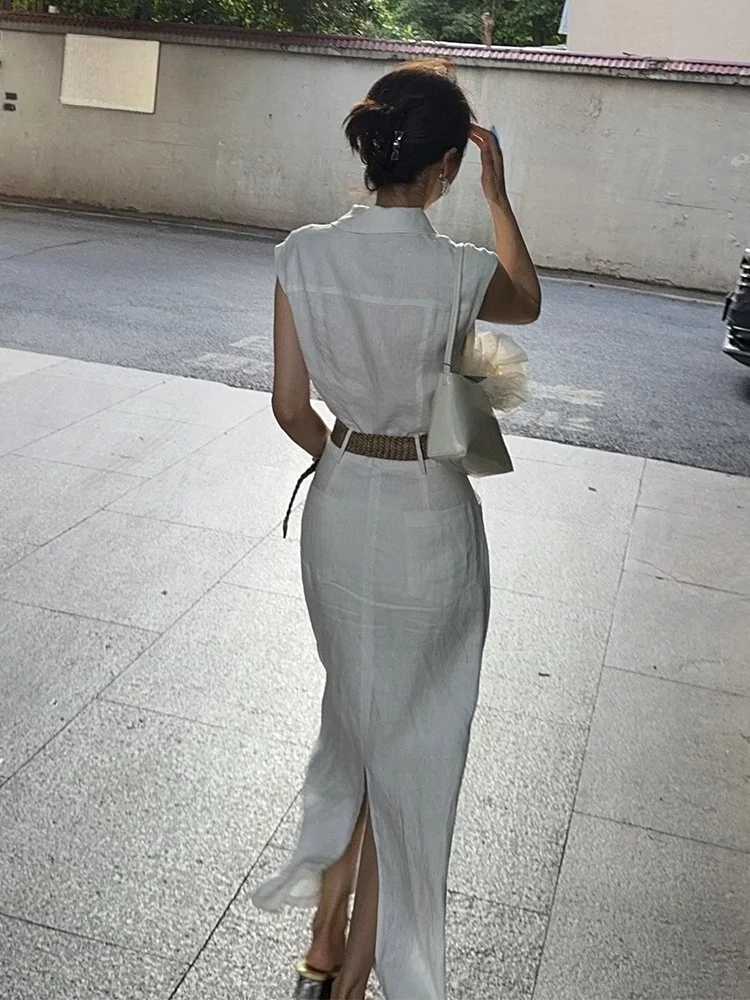 Ele White Dr 2025 Nowa Letnia Casualowa Spódnica w Kształcie Litery A z Wysokim Stanem z Miękkiego Materiału, Do Pracy i Codziennego Użytku, Bez Kołnierzyka, Bez Rękawów