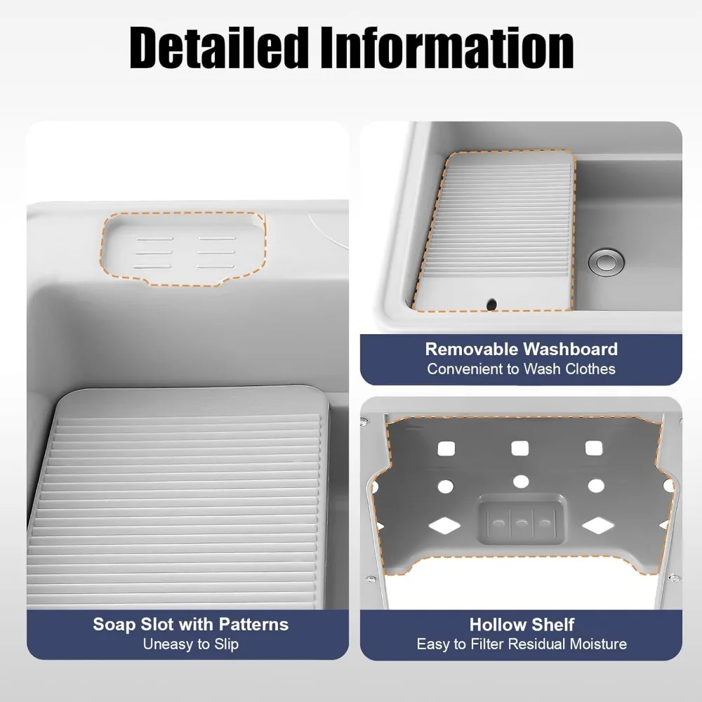 프리스탠딩 플라스틱 세탁 싱크대 25.6 (세탁판, 온수/냉수 수도꼭지, 호스, 배수 키트 포함) - 실내/실외용