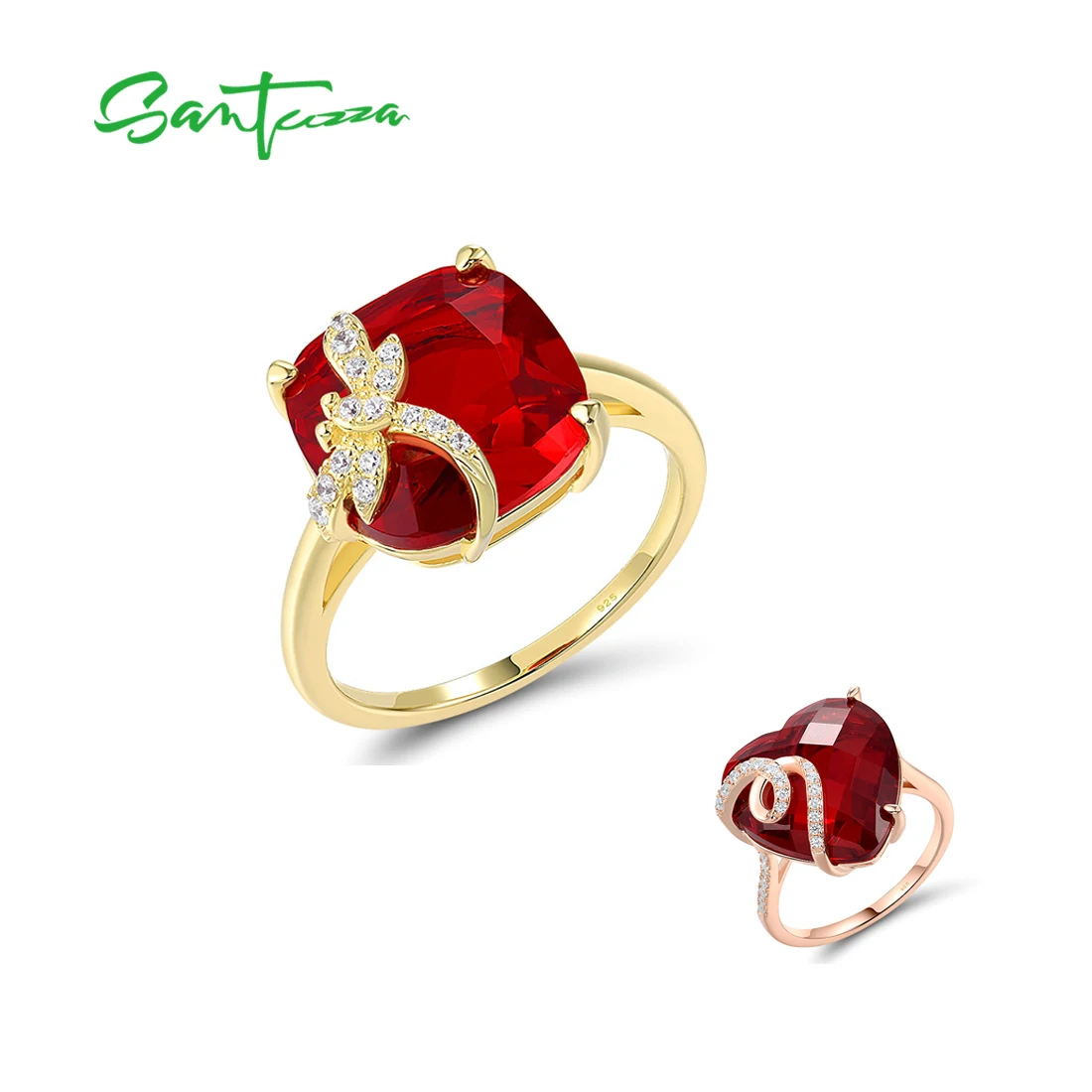 

SANTUZZA Authentic 925 Sterling Silver Solitaire Rings For Women Sparking Red Heart Stone Sweet Wedding Anniversary Fine Jewelry