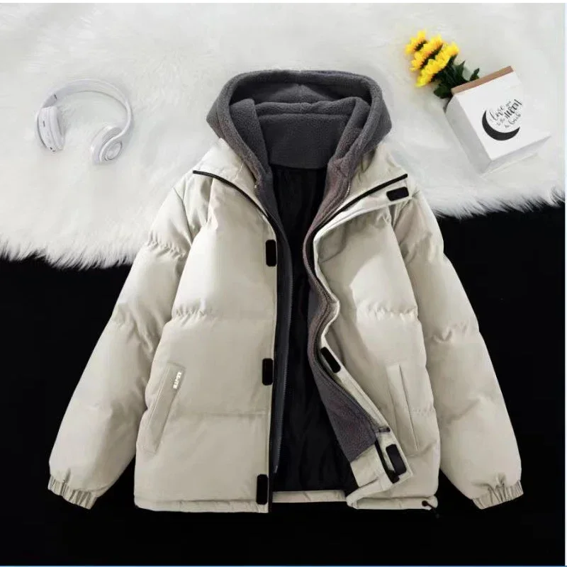 Hooded Oversized Fake Two-piece Cotton Jacket for Men's Winter Warmth and Protection