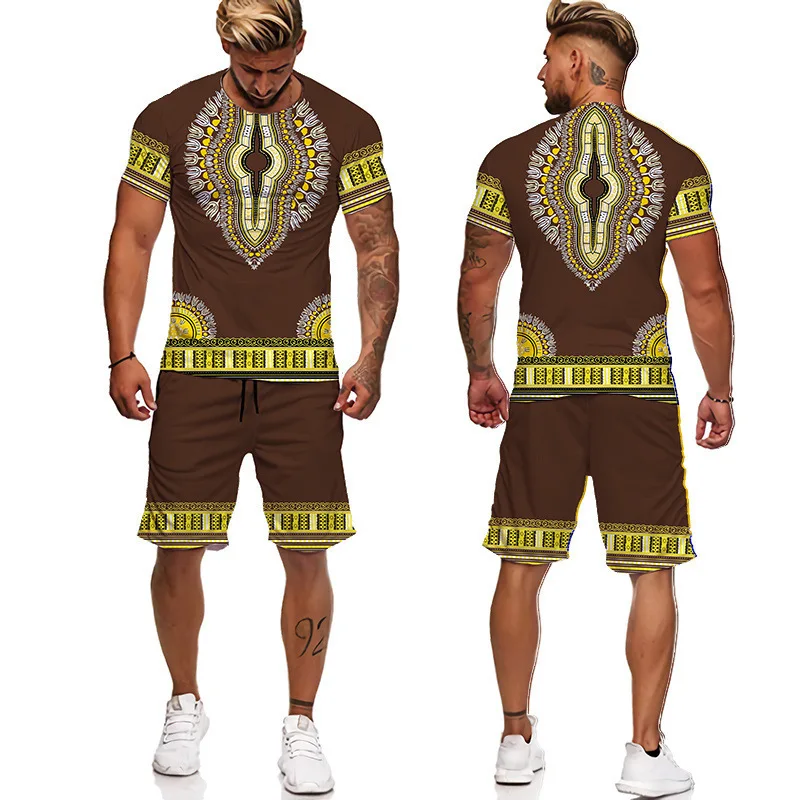 Summer African Ethnic Style Print Men\'s T Shirt+Shorts 2PCS Outfits Casual Shorts Sets 3D Oversized Man Clothes O-Neck Tracksuit