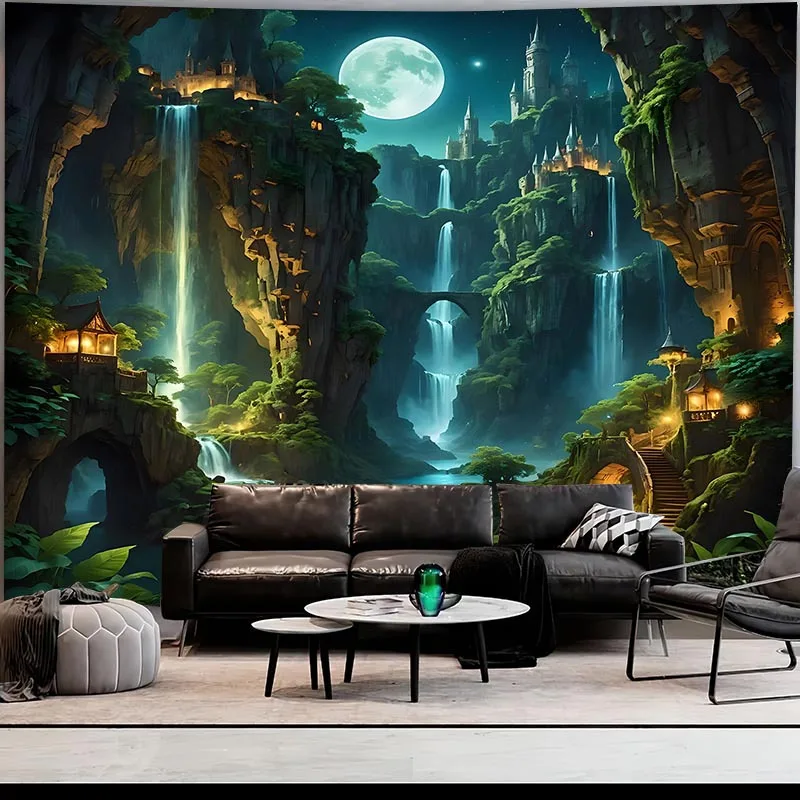 Fantasy Castle Tapestry, Waterfall Cliffs and Moonlit Sky, Magical Landscape Wall Hanging for Living Room Bedroom Decor