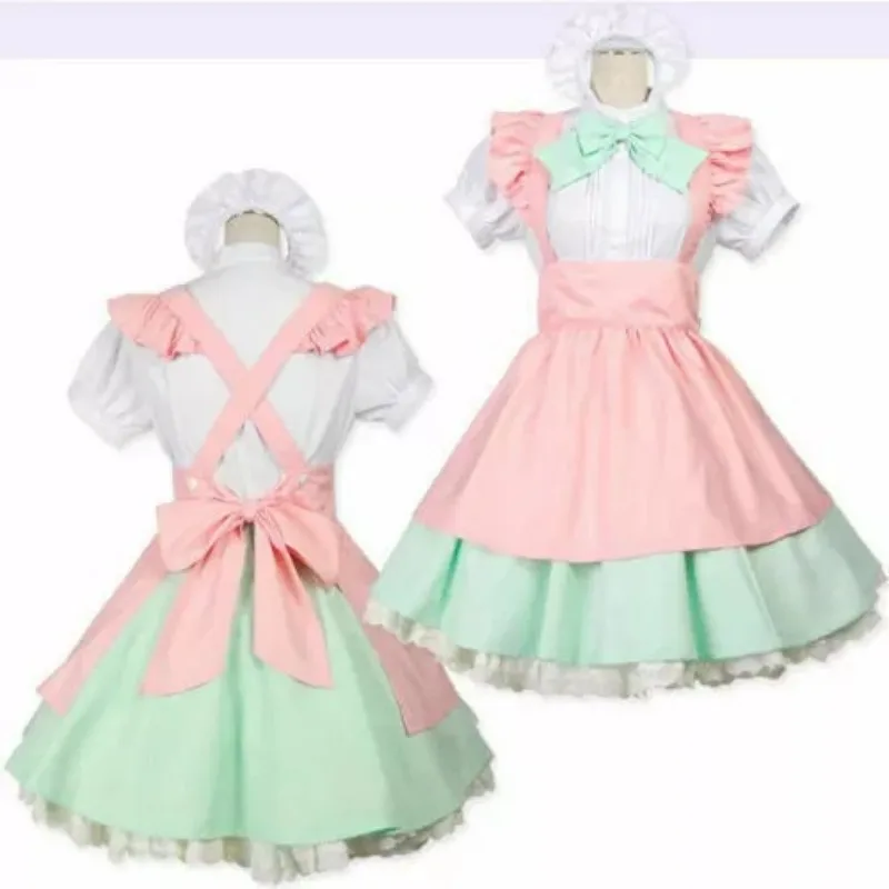 

Sexy sissy French maid pink green satin ruffled dress, coffee shop maid cosplay costume customizable