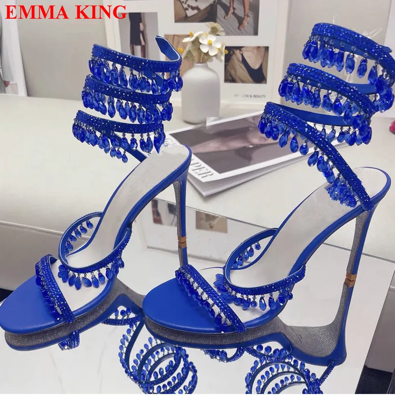 

Deisgner Crystal Ankle Strap Sandals Women Rhinestone Gladiator Sandalias Mujer 2023 Fashion High Heel Party Wedding Shoes Woman