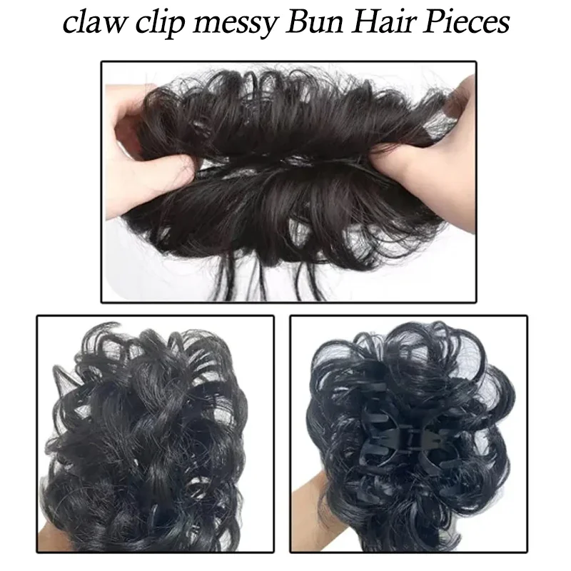 Pedaço de cabelo encaracolado bagunçado para mulheres, grampo, extensões de cabelo Chignon, fibra loira natural sintética, falso coque Scrunchie, 10"