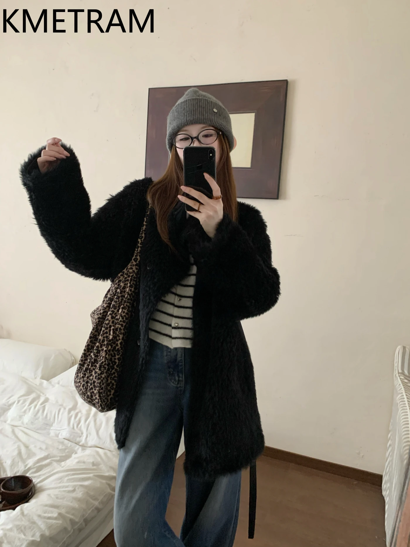 KMETRAM Real Sheepskin with Wool Attached Jacket Women Black Reversible Fur Coat 2025 New in Coats Winter Woman Clothing шуба