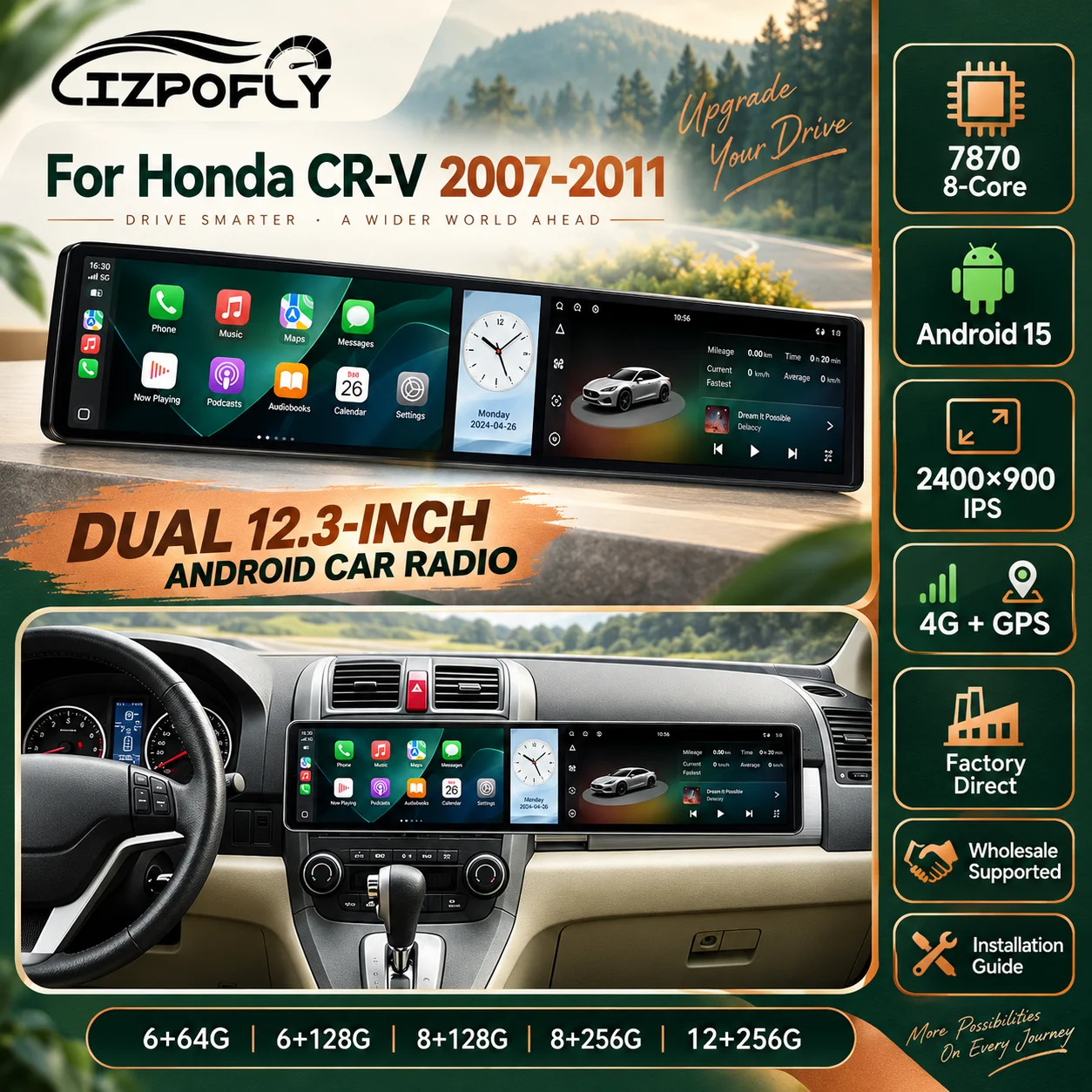 Lizpofly Dual 12.3 Inch Android 15 Car Radio For Honda CR-V 2007-2011 Wireless CarPlay GPS Navigation 4G Stereo