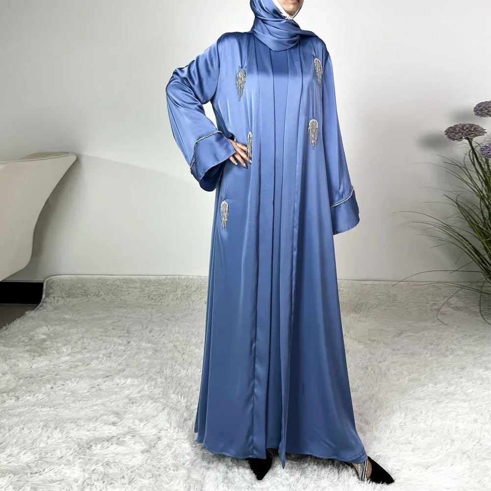 

New Abaya 4pcs Diamonds Open Abayas Inner Long Dress Islam Clothing Muslim Women Matching Sets Turkey Kaftan Ramadan Eid Kebaya