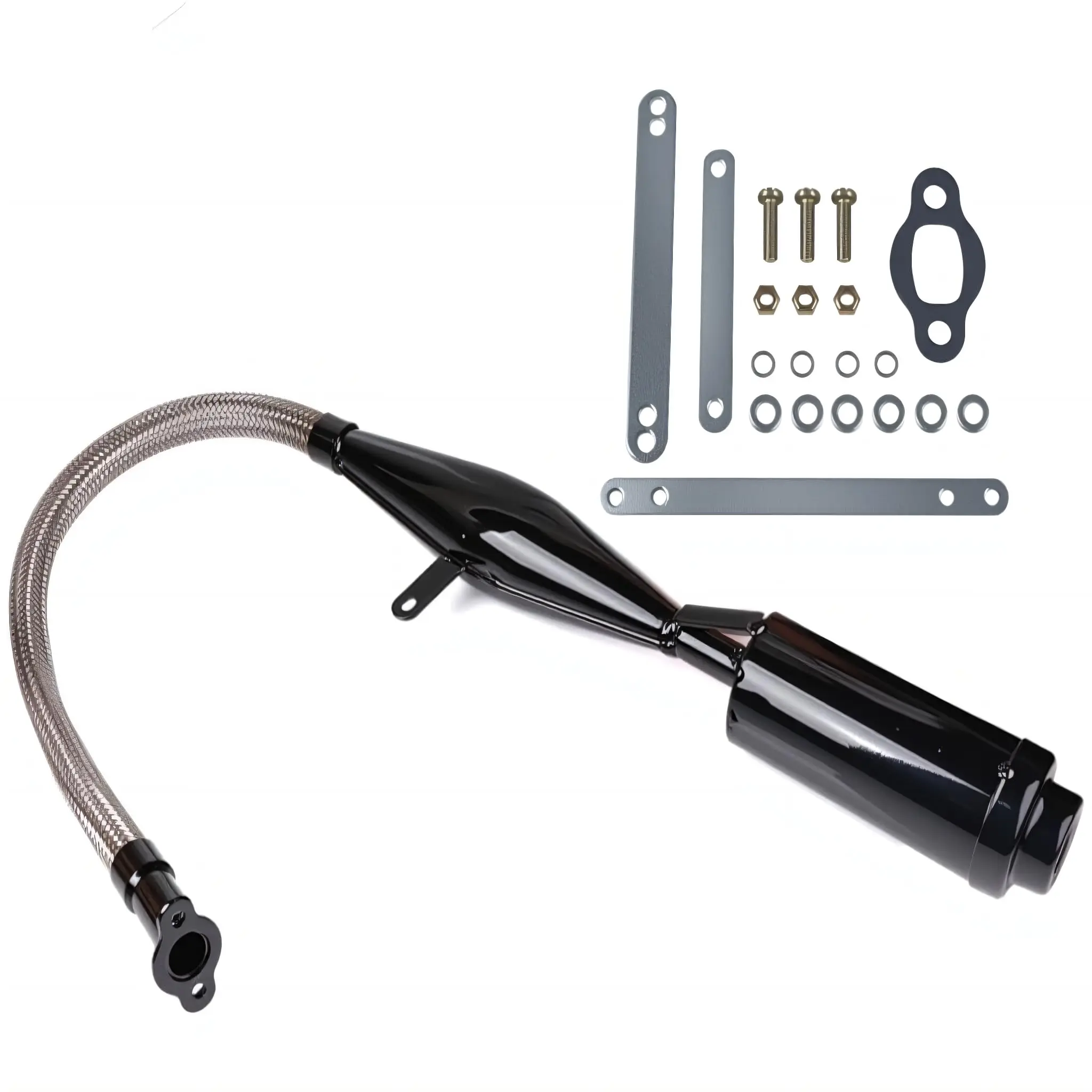 

Flexible Exhaust Muffler Extension Kit With Braided Hose For 2-Stroke 49cc–100cc Motorized Bikes And Dirt Bikes