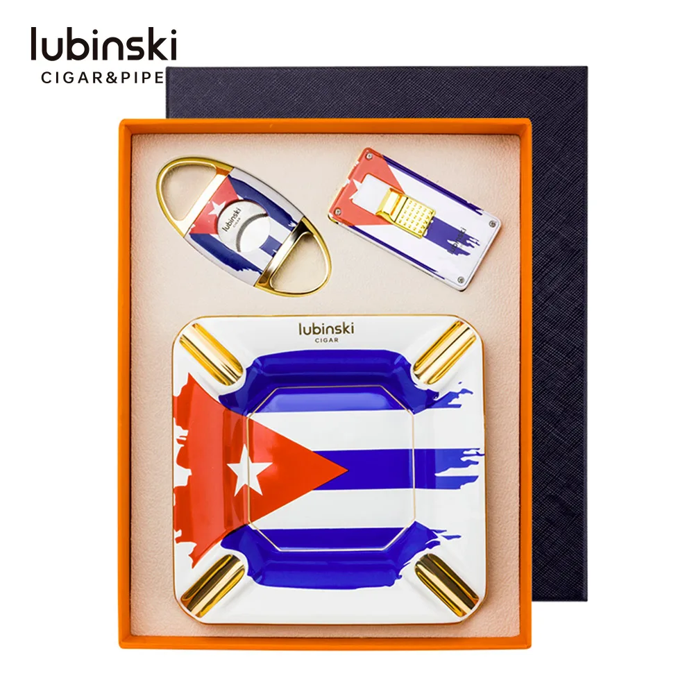 Flag Design  Cigar Ashtray  with Gas Jet Flame Double Torches Lighter  3-in-1 Gift Set