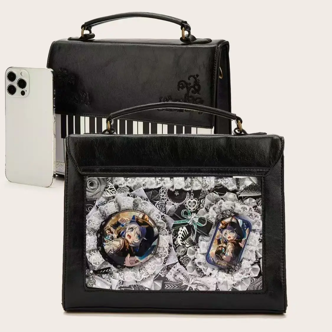 

Japanese Vintage Piano Handbag Women Anime Badge Transparent Ita Bag Ladies Double Sided Large Capacity JK Uniform Crossbody Bag