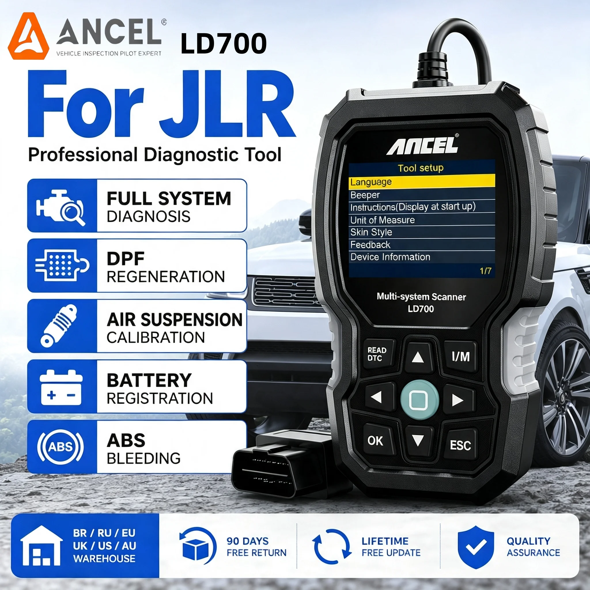 For Land Rover Jaguar Car Code Reader ANCEL LD700 Full System 14+ Reset EPB BMS DPF ABS TPMS OBD2 Scanner