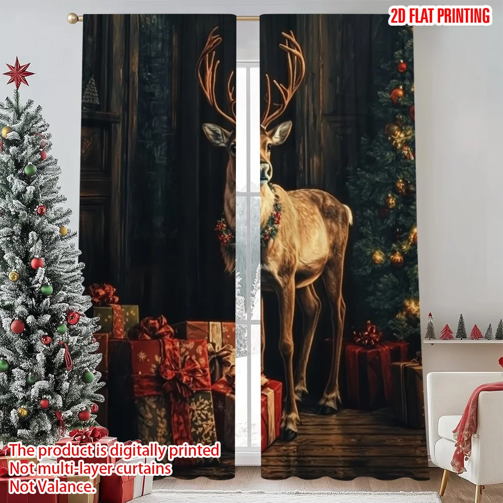 

2pcs 2D flat printing Merry Christmas Window Drapes Colored deer Versatile Durable Polyester Without Electricity Versatile for