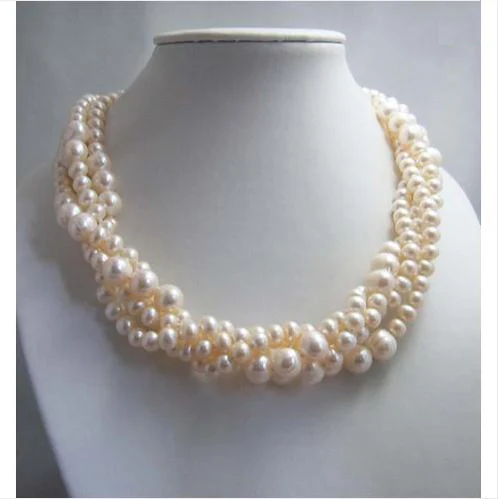 Hot Sale Wedding Party Pearl Necklace Multi Strand White 4-8mm Genuine Freshwater Pearl Jewelry Birthday Classic Women Gift