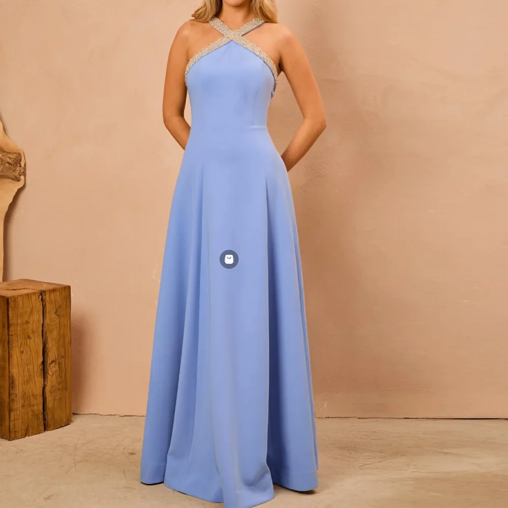 Maßgeschneidertes Elegantes Blaues Arabisches Ärmelloses Abendkleid für Damen A-Linie Perlen Formelle Partykleider