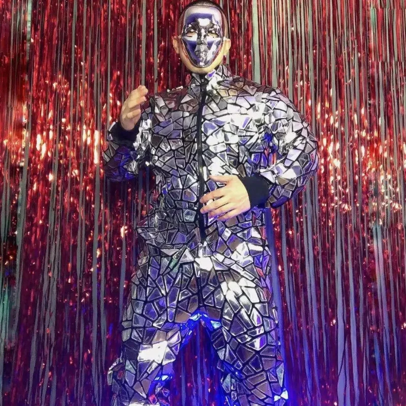 쇼걸 파티 의상 럭셔리 쇼걸 코스튬 럭셔리 파티 의상 실버 남성용 반짝이 반사 레이저 점프수트 오버올 가수 B