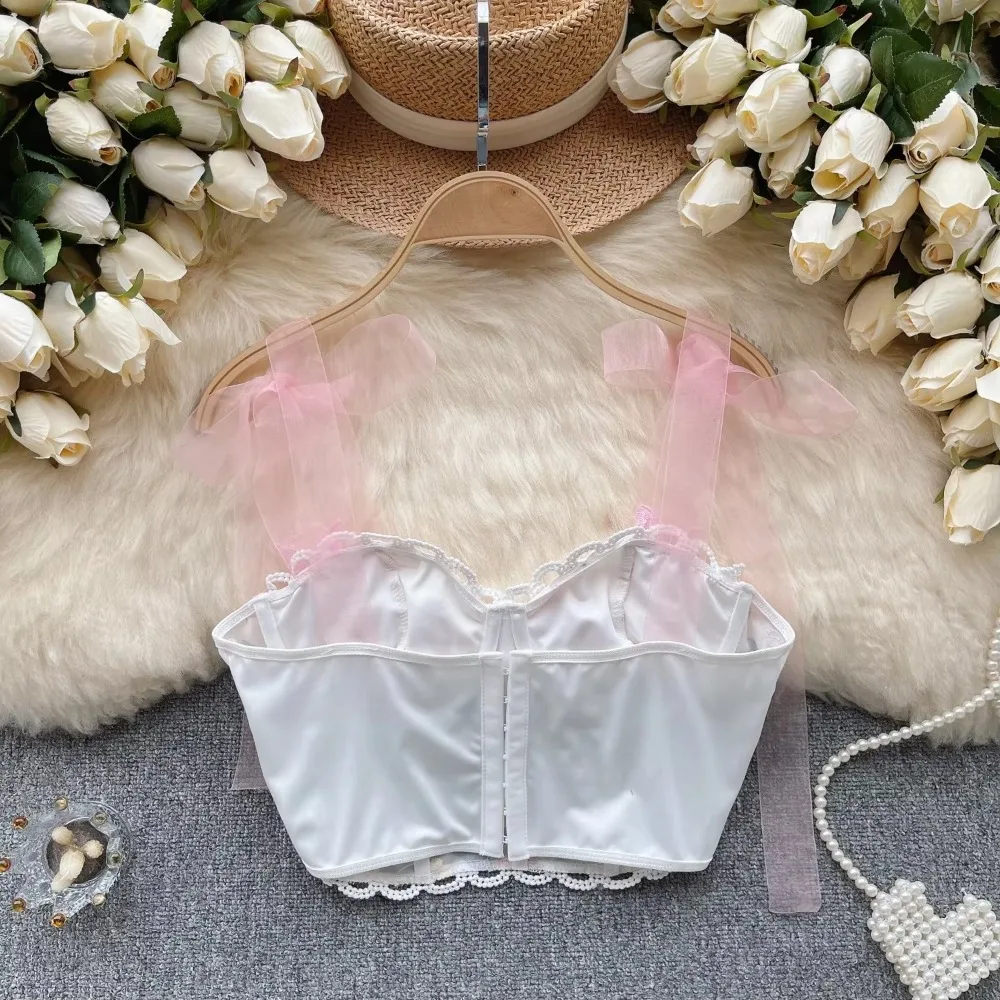 Chic Sweet Bandage Embroidery Camis French Fashion Tank Top Basic Slim Crop Top Sexy Goth Corset Bustier Summer Women Tops Ins