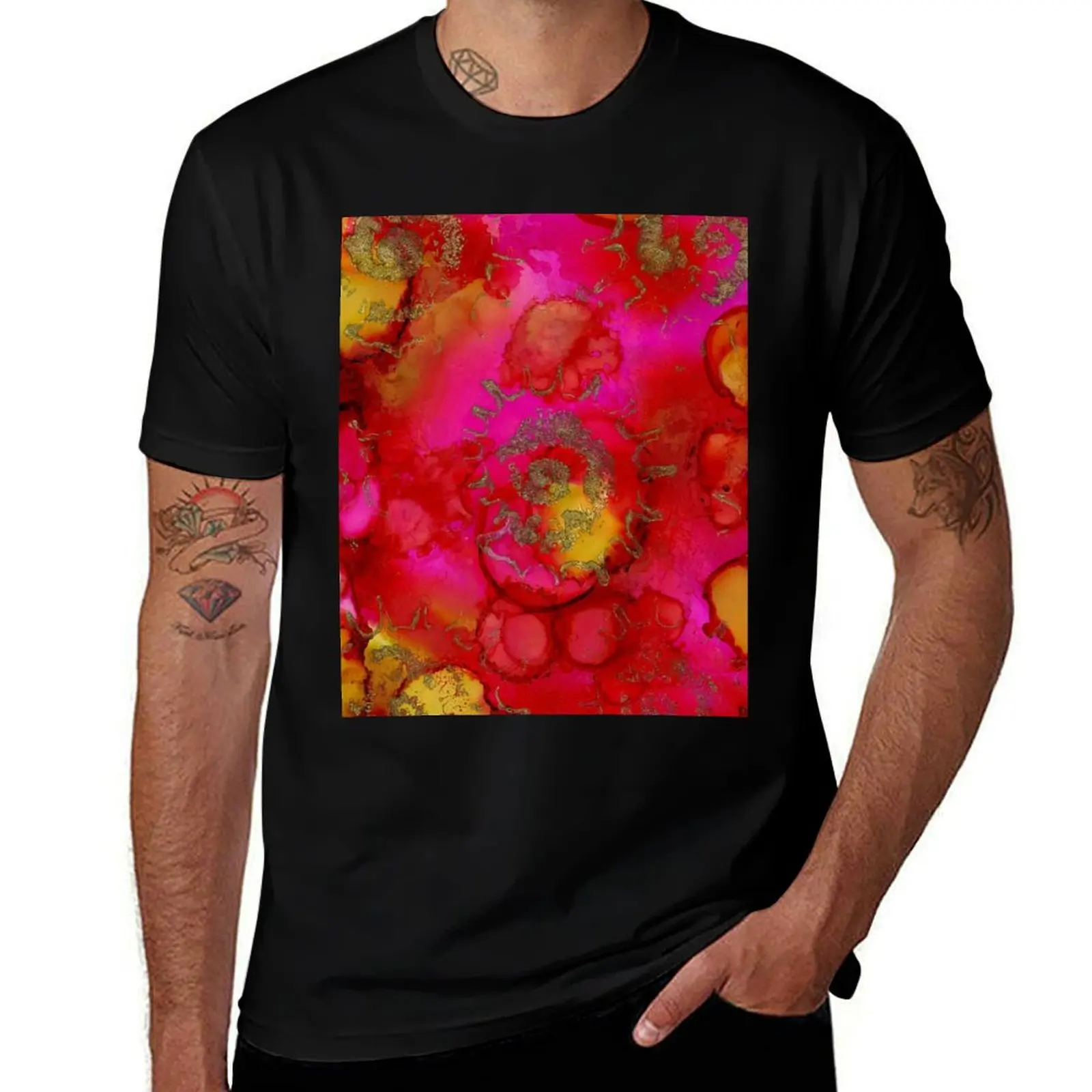 Abstract Fossil in Pink, Red and Gold T-Shirt man clothes boys whites essential t shirt mens workout shirts