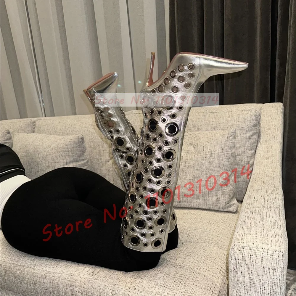 Silver Metal Eyelet Long Boots Ladies Sexy Trendy Pointy Toe Streetwear High Heels Boots Women Punk Side-zip Party Outfit Shoes