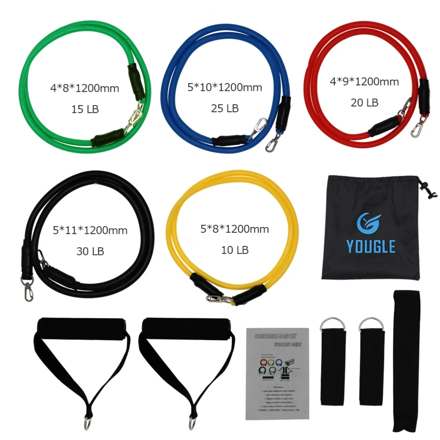 YOUGLE 11pcs /set Resistance Bands Set Latex Tubes Pull Rope With Door Anchor Handles Ankle Straps  Training Physical Therapy