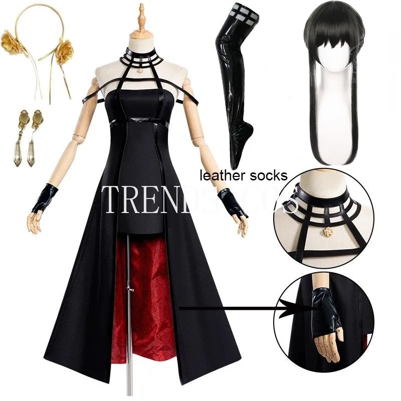 Yor forger cosplay kostüm stirnband elastische schenkel strümpfe strumpfhose hochs perücke ohrringe yor fälscher kleid komplettes set für comic con